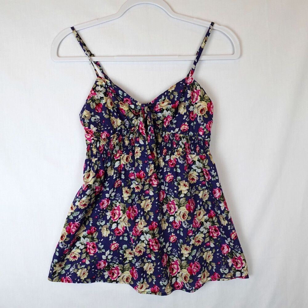 Poetry Camisole Top Juniors Medium Smocked Floral Navy Multicolor Preppy Teen
